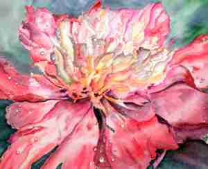 Peony in the Rain Original watercolor donated to International Art Cafe Auction for Charity, Flordia, USA by LEAH SEABROOK, Canadian painter, Quesnel, B.C., Canada 2014 (c) Copyrighted All Rights Reserved 